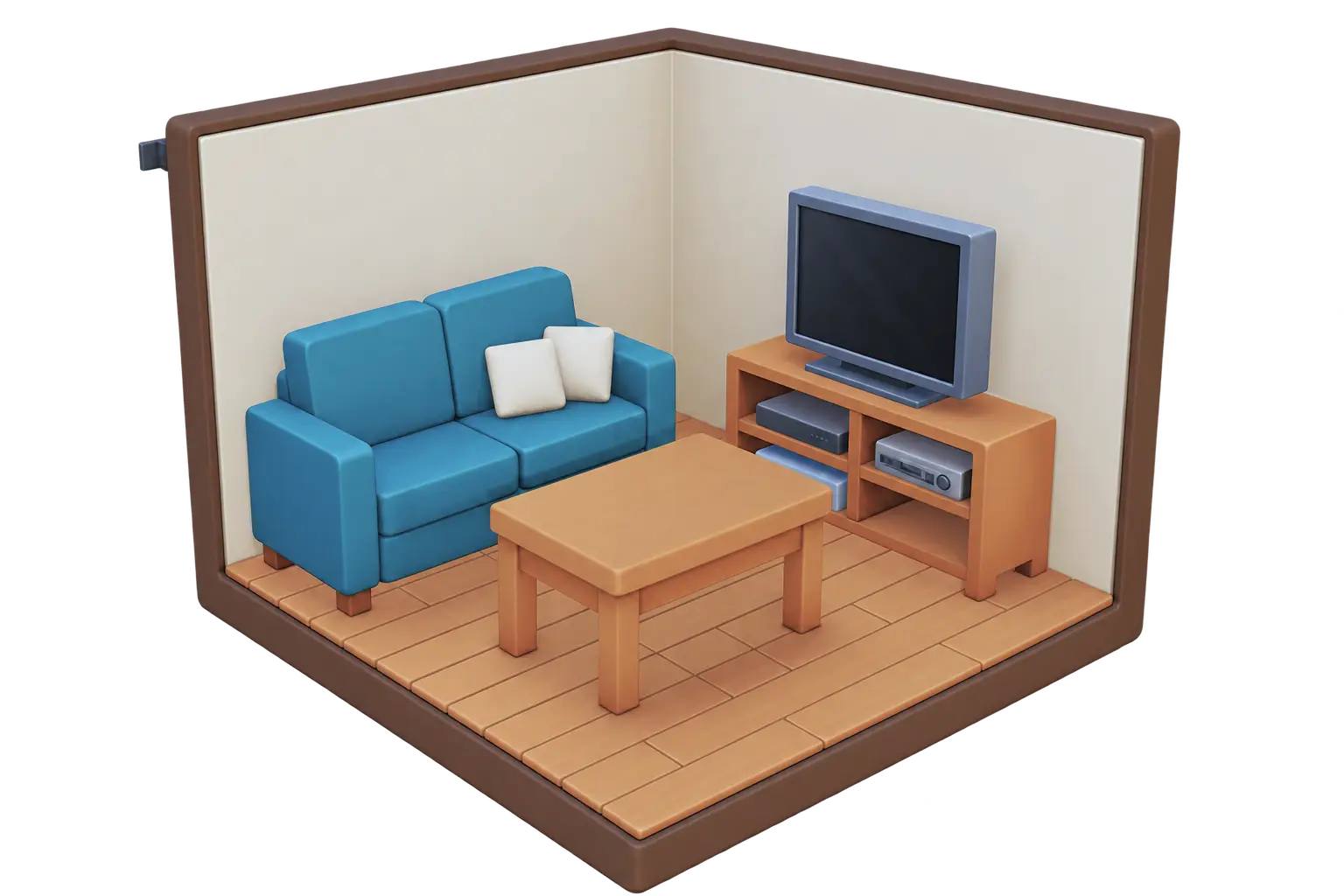 An isometric room with a teal sofa, wooden coffee table and television, cared for and in order.
