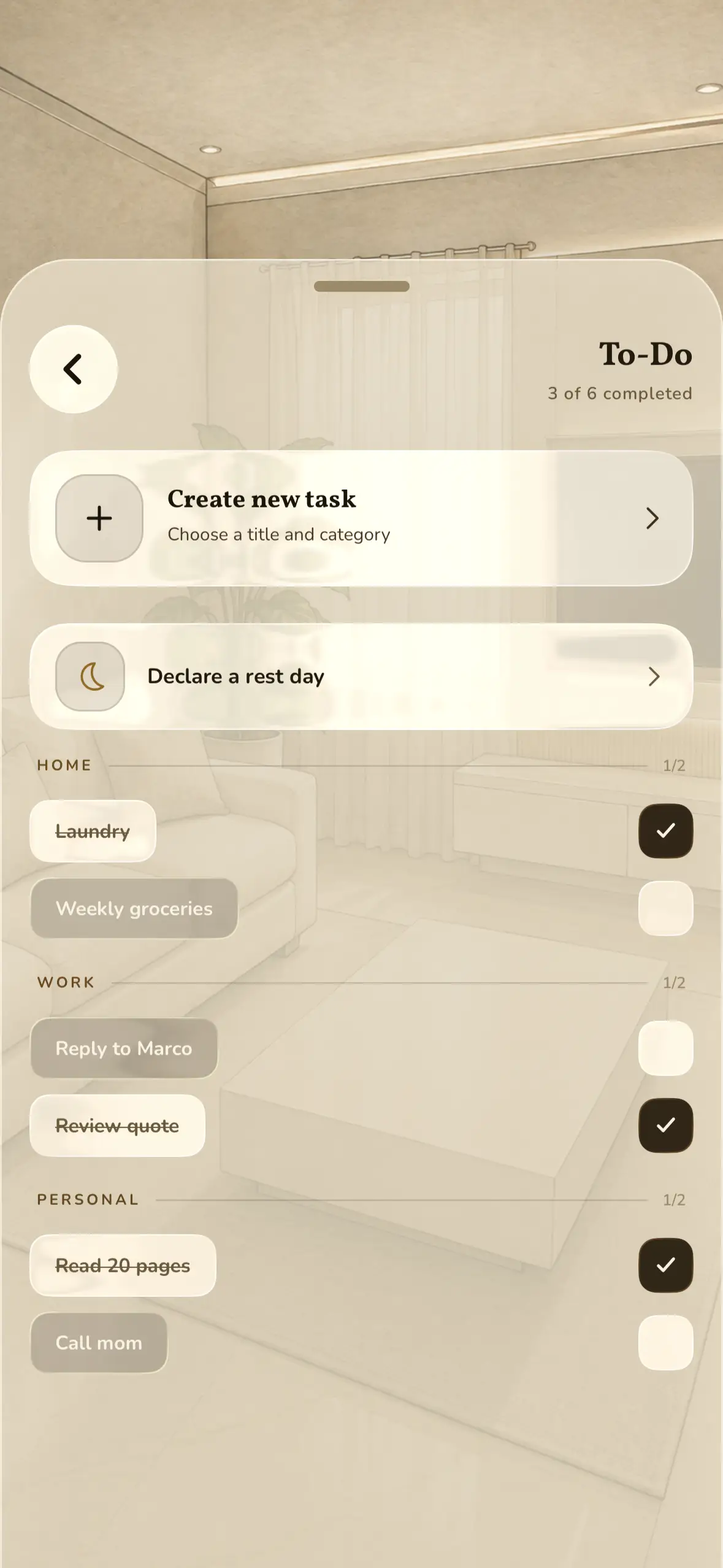 The To-do screen: tasks grouped into Home, Work and Personal, several already ticked off.